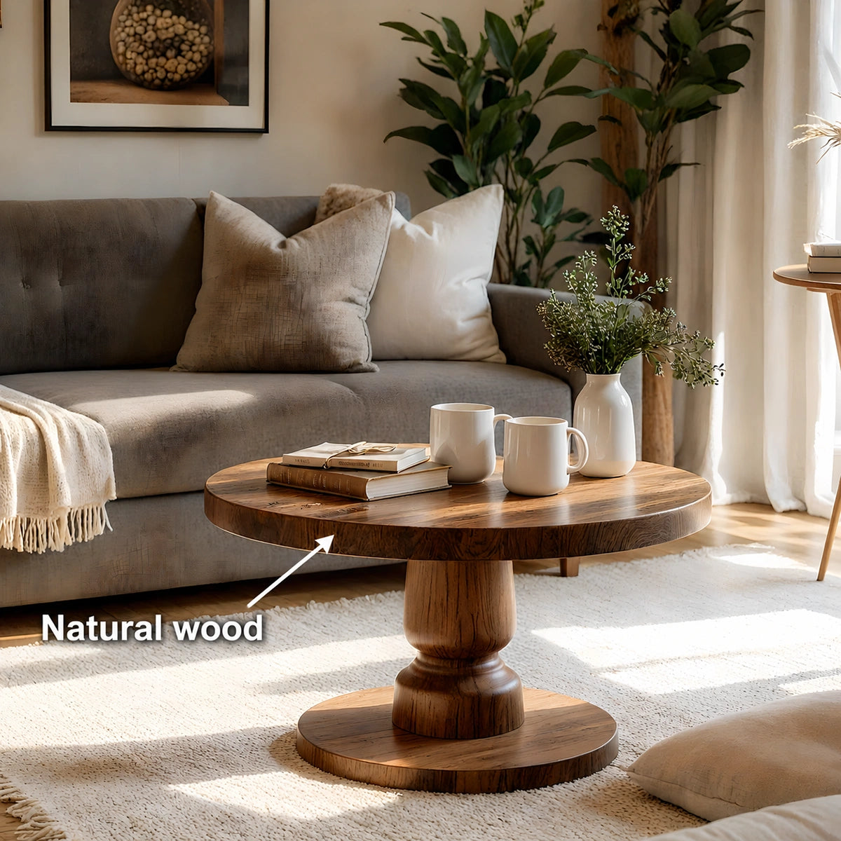 Natural Solid Wood Round Coffee Table – Sculptural Pedestal Style - Livewoodcraft - 9