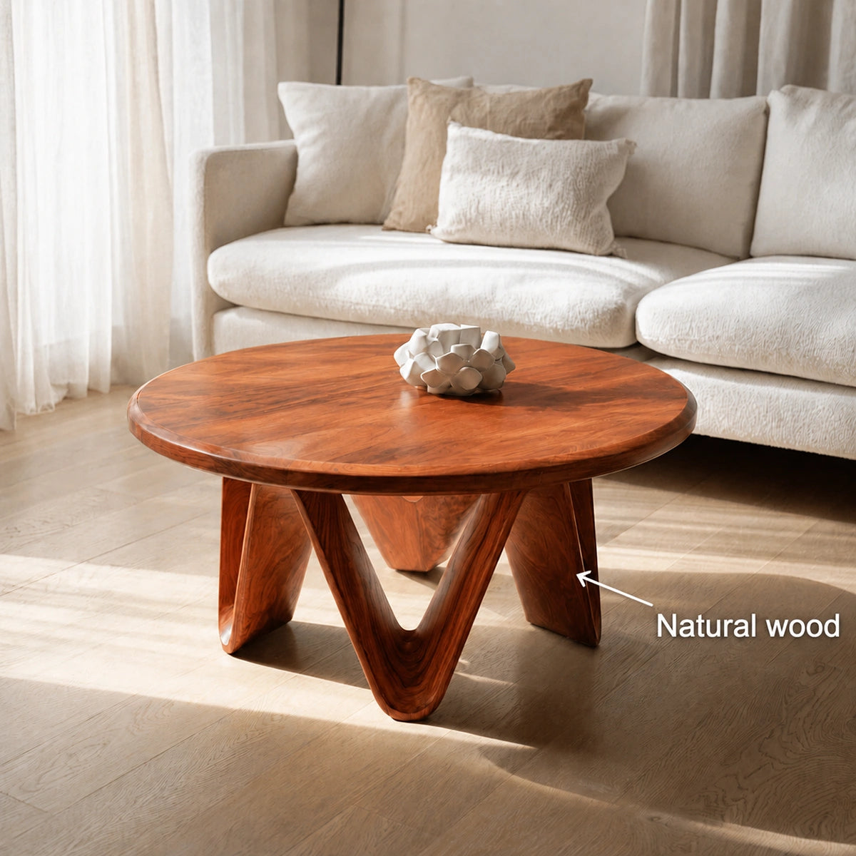 Natural Solid Wood Round Coffee Table with Sculptural V-Shaped Legs - Livewoodcraft - 10