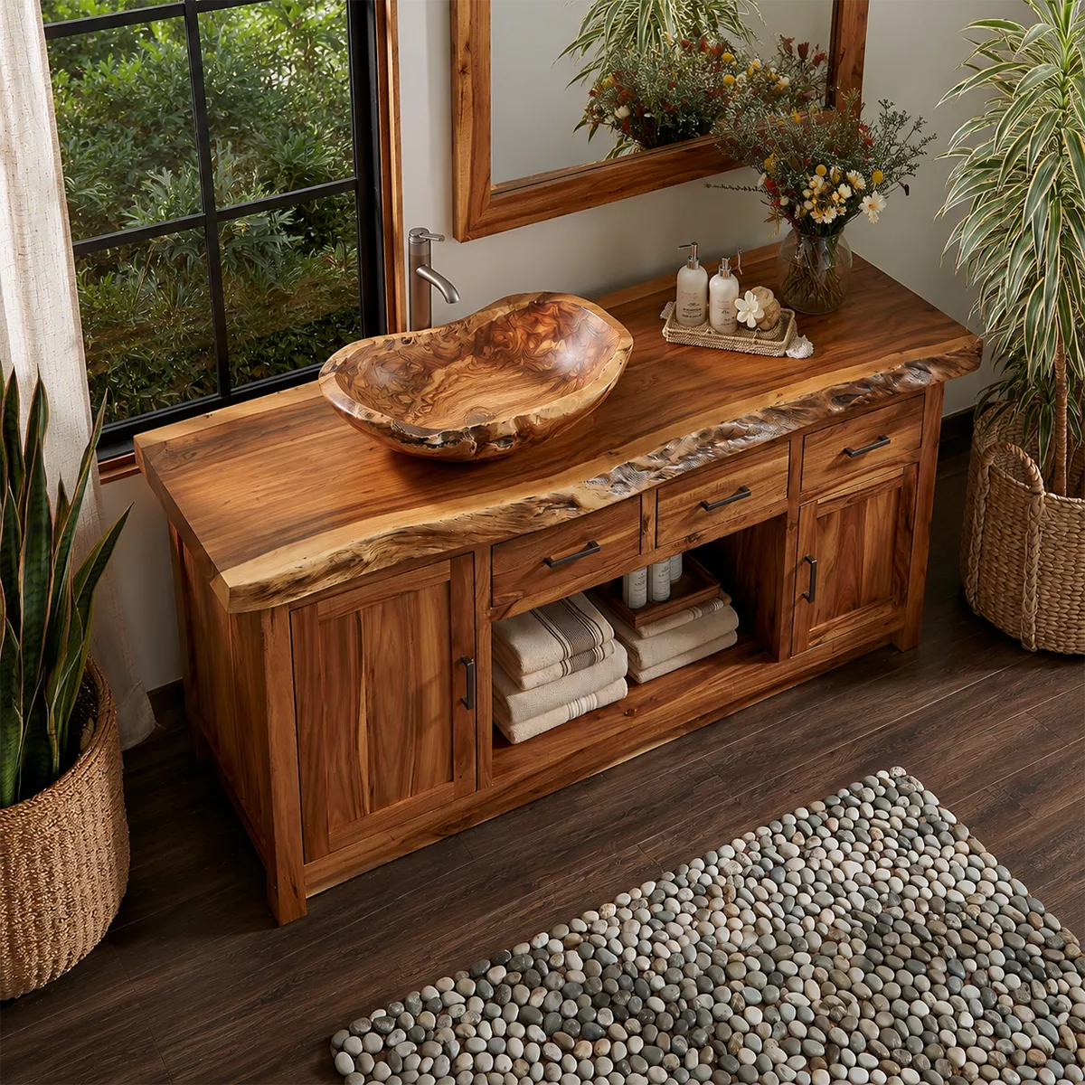 Natural Solid Wood Traditional Bathroom Vanity Cabinet with Rustic Style - Livewoodcraft - 3