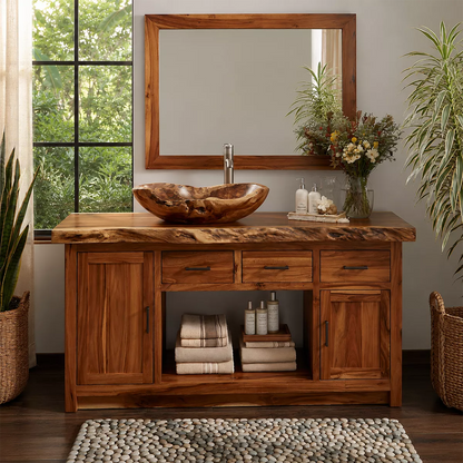 Natural Solid Wood Traditional Bathroom Vanity Cabinet with Rustic Style - Livewoodcraft - 4