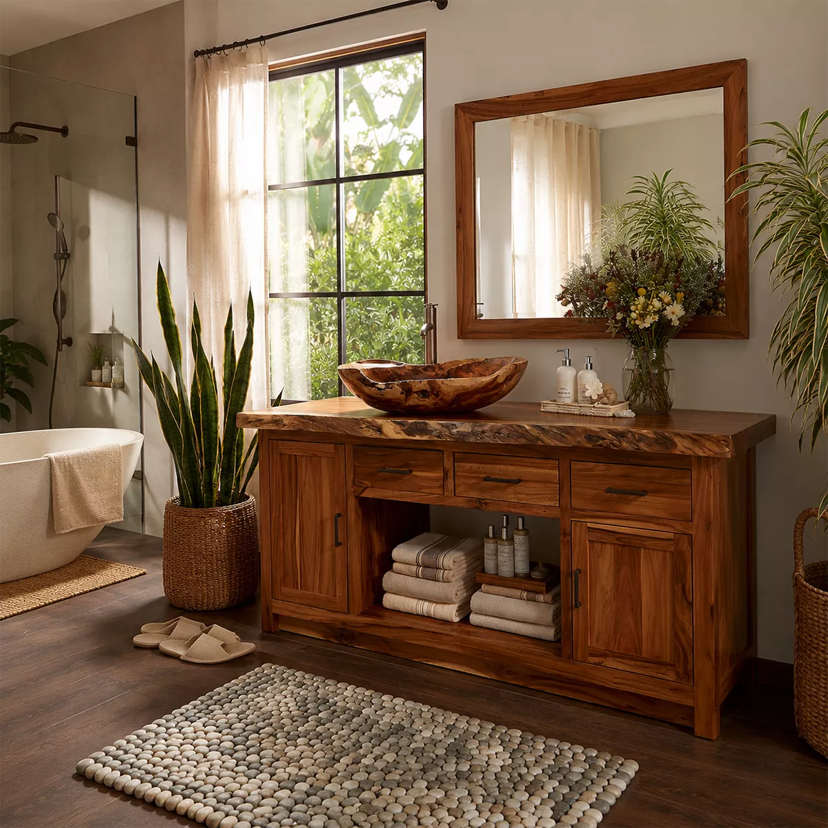 Natural Solid Wood Traditional Bathroom Vanity Cabinet with Rustic Style - Livewoodcraft - 5