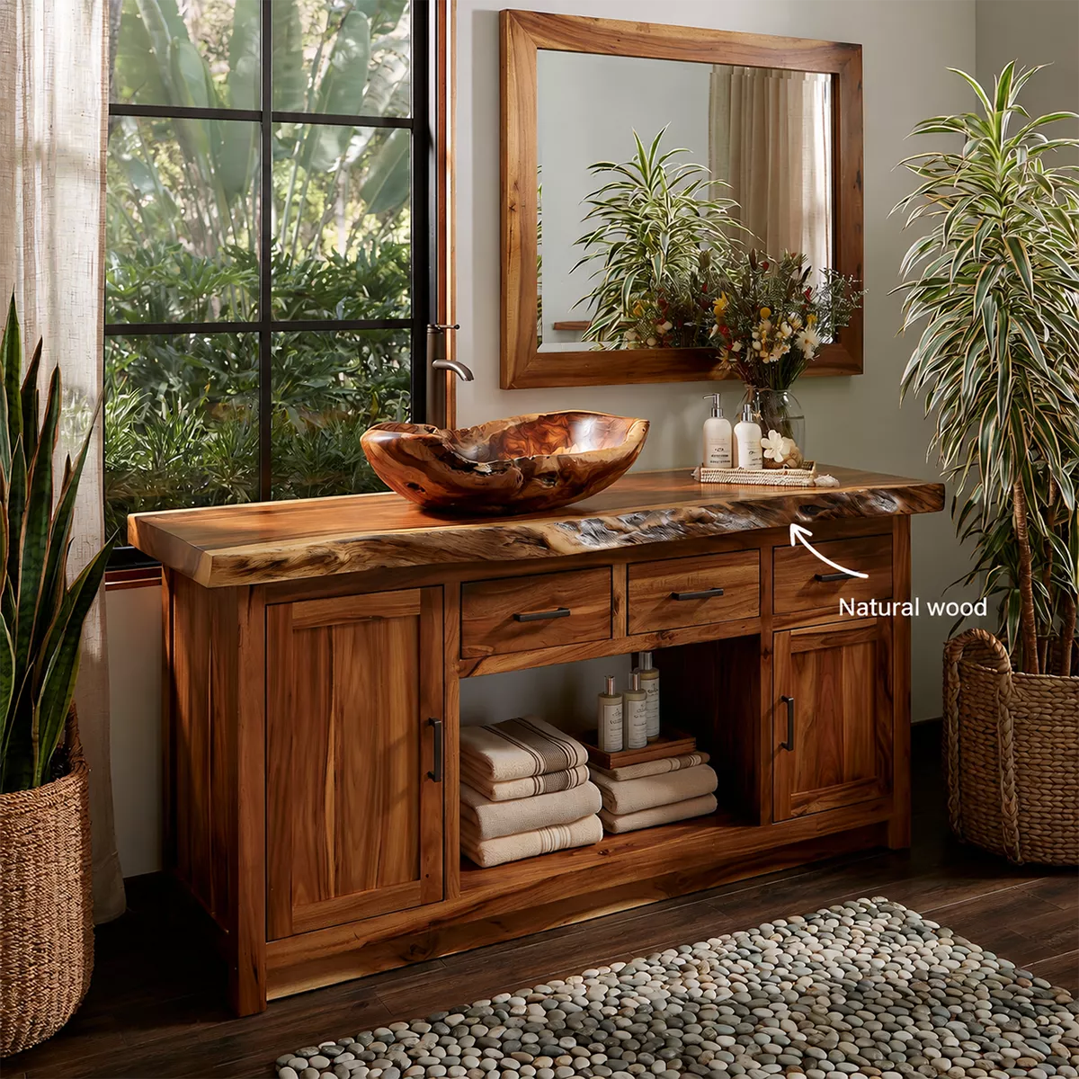 Natural Solid Wood Traditional Bathroom Vanity Cabinet with Rustic Style - Livewoodcraft - 7