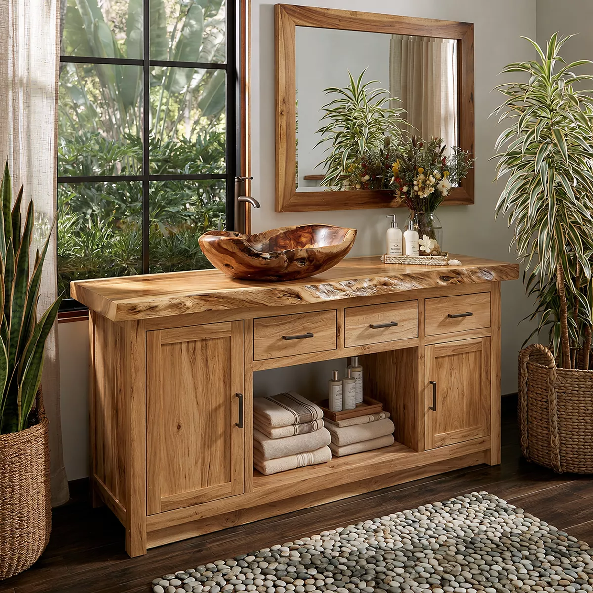 Natural Solid Wood Traditional Bathroom Vanity Cabinet with Rustic Style - Livewoodcraft - 9