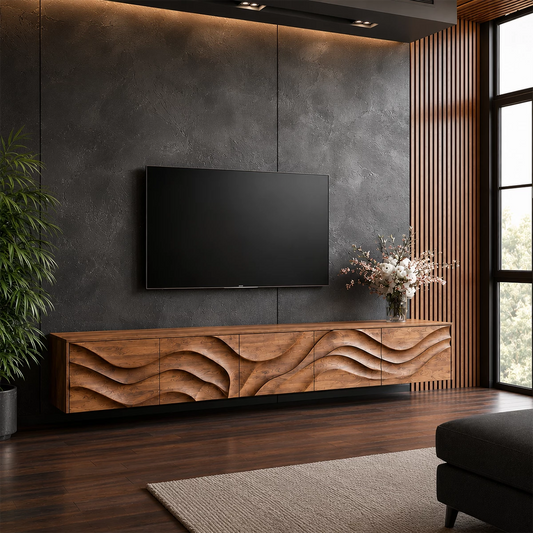 Natural Solid Wood TV Stand Sculptural Wave Modern Style - Echotimber - 0880
