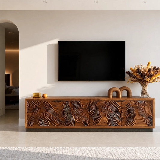 Natural Solid Wood TV Stand  Sculptural Wave Modern Style - Echotimber