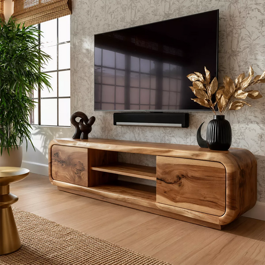 Natural Solid Wood TV Stand with Curved Cabinet Doors Minimalist Style - Echotimber