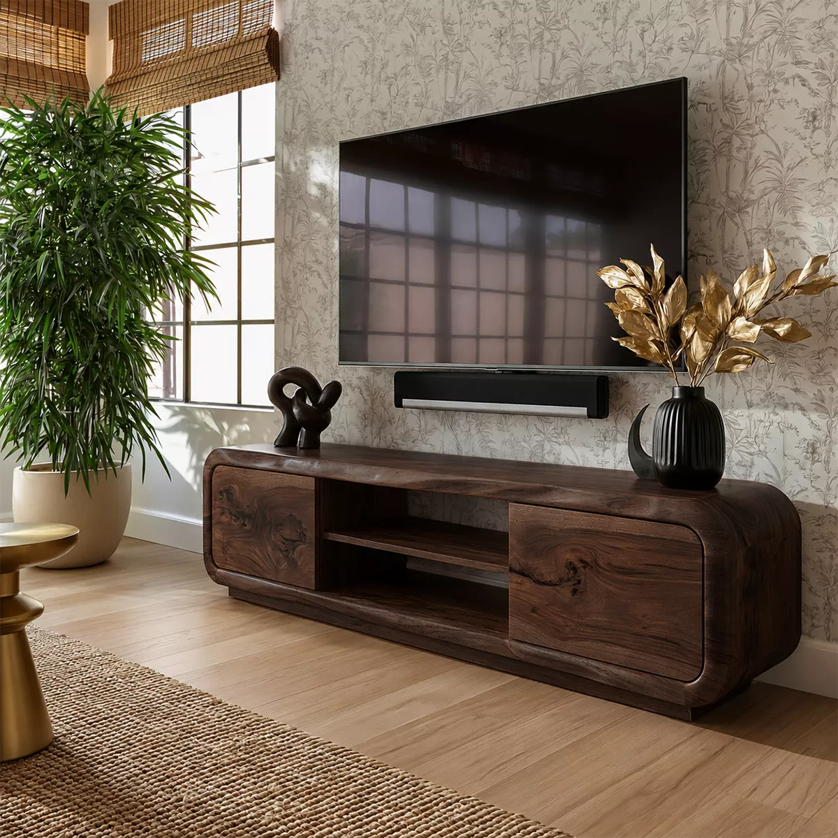 Natural Solid Wood TV Stand with Curved Cabinet Doors Minimalist Style - Livewoodcraft - 10