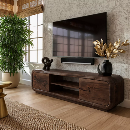 Natural Solid Wood TV Stand with Curved Cabinet Doors Minimalist Style - Livewoodcraft - 10