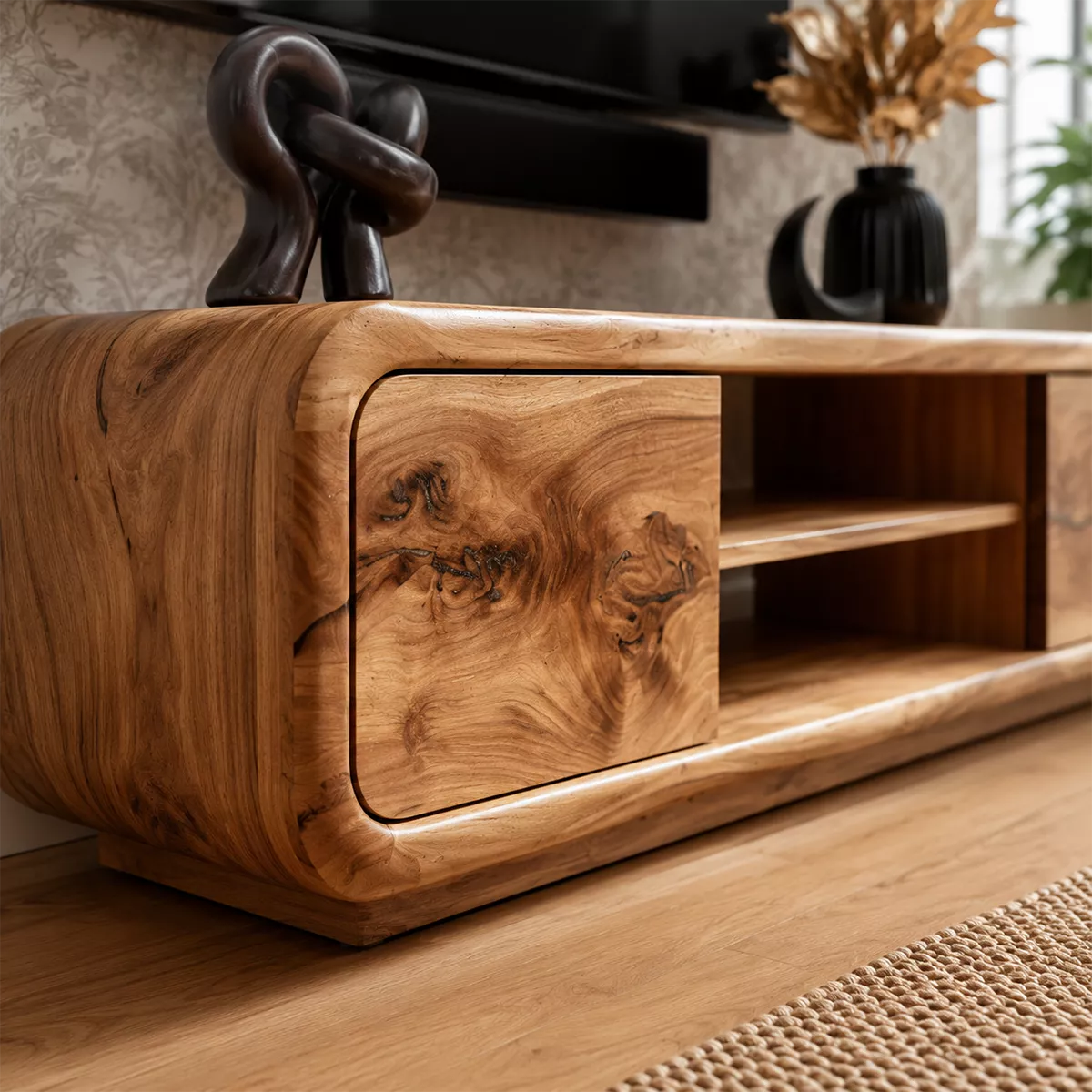 Natural Solid Wood TV Stand with Curved Cabinet Doors Minimalist Style - Livewoodcraft - 2
