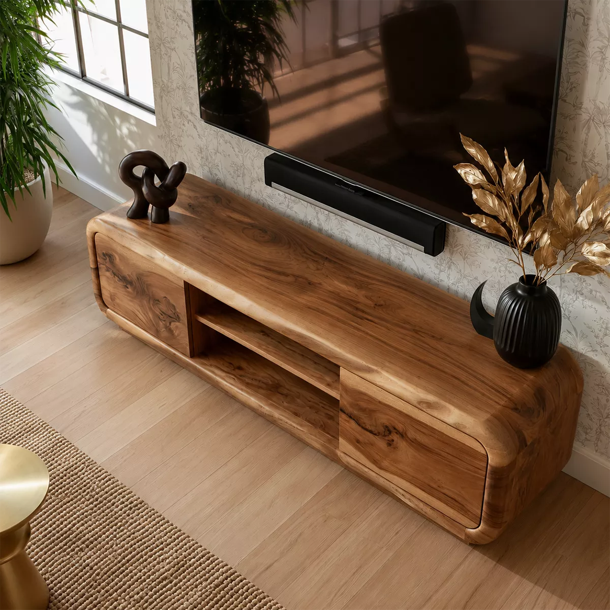 Natural Solid Wood TV Stand with Curved Cabinet Doors Minimalist Style - Livewoodcraft - 3