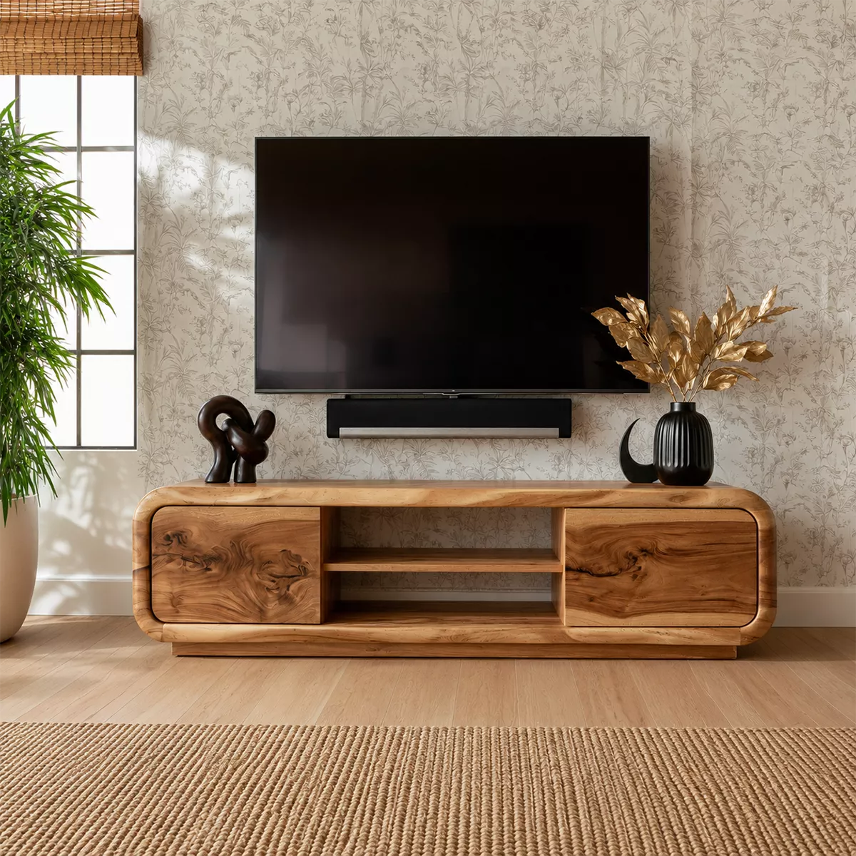 Natural Solid Wood TV Stand with Curved Cabinet Doors Minimalist Style - Livewoodcraft - 4