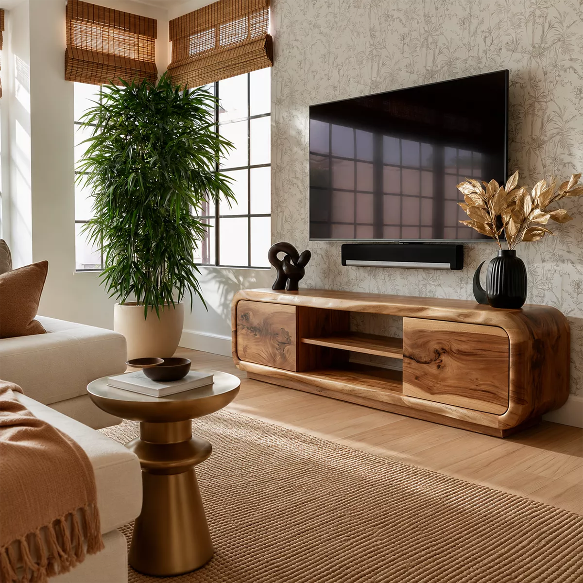Natural Solid Wood TV Stand with Curved Cabinet Doors Minimalist Style - Livewoodcraft - 5