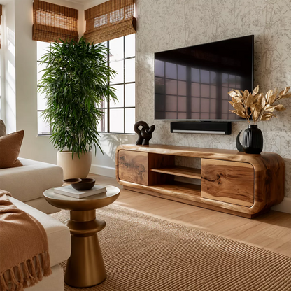 Natural Solid Wood TV Stand with Curved Cabinet Doors Minimalist Style - Livewoodcraft - 5