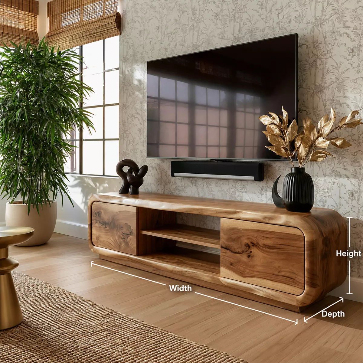 Natural Solid Wood TV Stand with Curved Cabinet Doors Minimalist Style - Livewoodcraft - 6