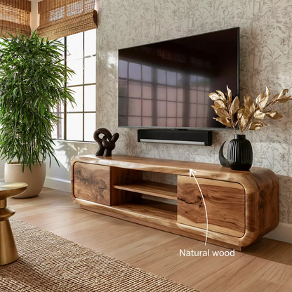 Natural Solid Wood TV Stand with Curved Cabinet Doors Minimalist Style - Livewoodcraft - 7