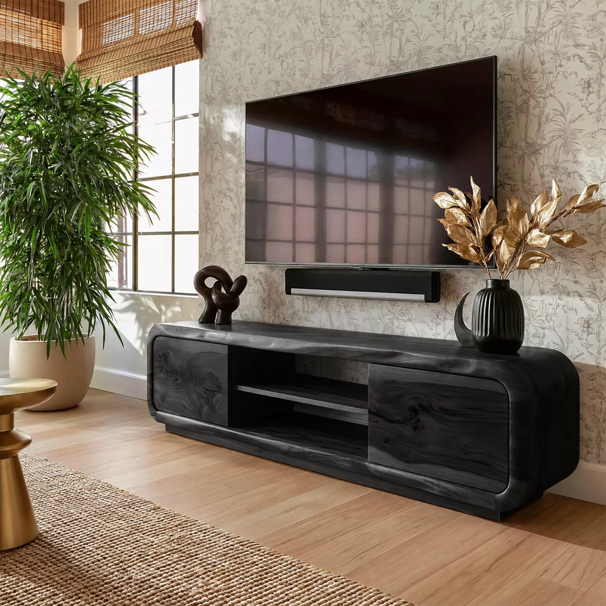 Natural Solid Wood TV Stand with Curved Cabinet Doors Minimalist Style - Livewoodcraft - 8