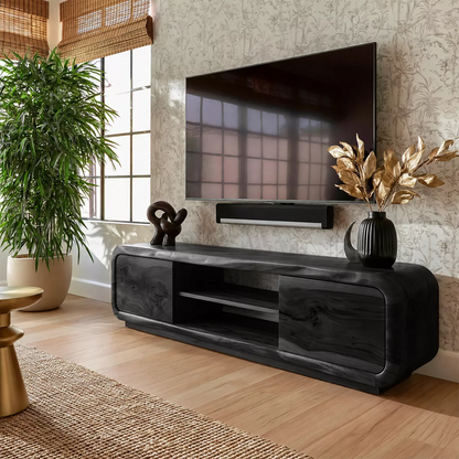 Natural Solid Wood TV Stand with Curved Cabinet Doors Minimalist Style - Livewoodcraft - 8
