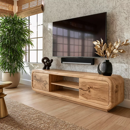 Natural Solid Wood TV Stand with Curved Cabinet Doors Minimalist Style - Livewoodcraft - 9