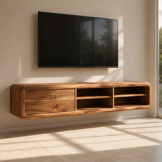 Natural Solid Wood TV Stand with Curved Form Open Storage Minimalist - Echotimber