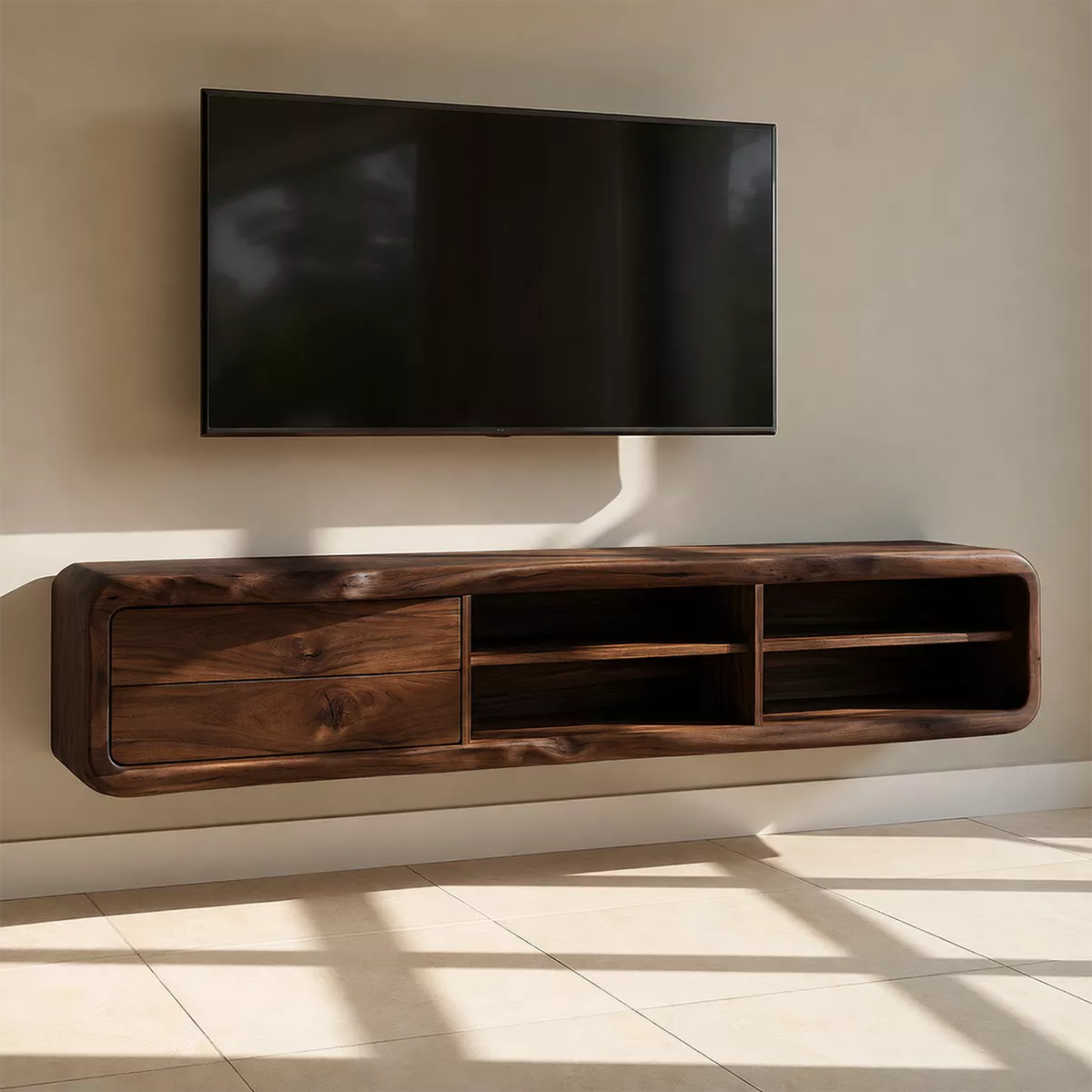 Natural Solid Wood TV Stand with Curved Form Open Storage Minimalist - Livewoodcraft - 10