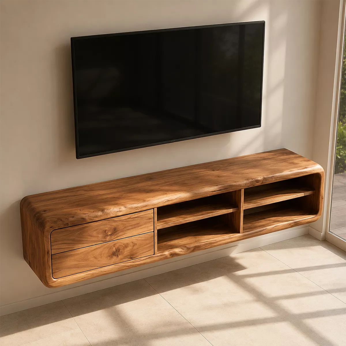 Natural Solid Wood TV Stand with Curved Form Open Storage Minimalist - Livewoodcraft - 3