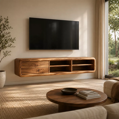 Natural Solid Wood TV Stand with Curved Form Open Storage Minimalist - Livewoodcraft - 5