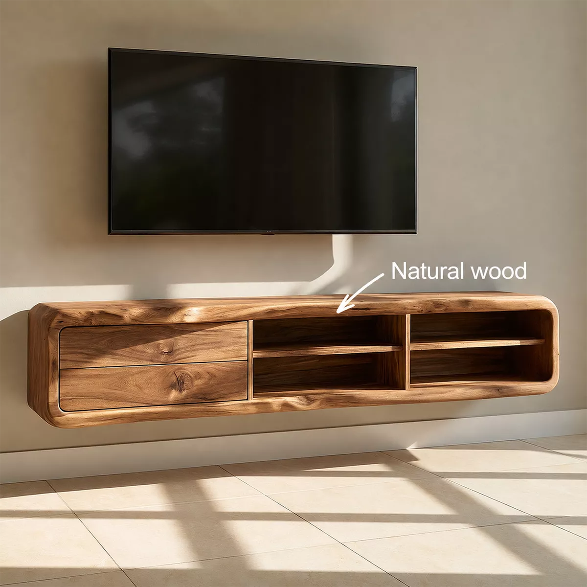 Natural Solid Wood TV Stand with Curved Form Open Storage Minimalist - Livewoodcraft - 6