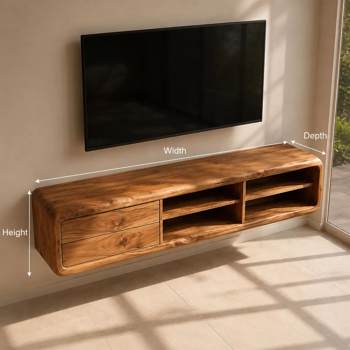 Natural Solid Wood TV Stand with Curved Form Open Storage Minimalist - Livewoodcraft - 7