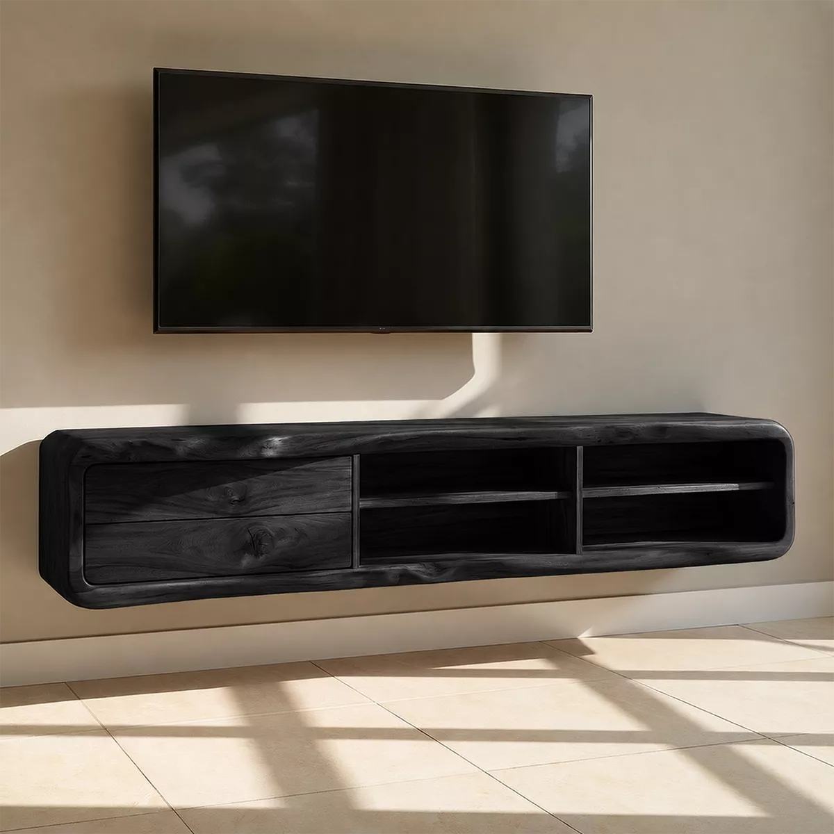 Natural Solid Wood TV Stand with Curved Form Open Storage Minimalist - Livewoodcraft - 8