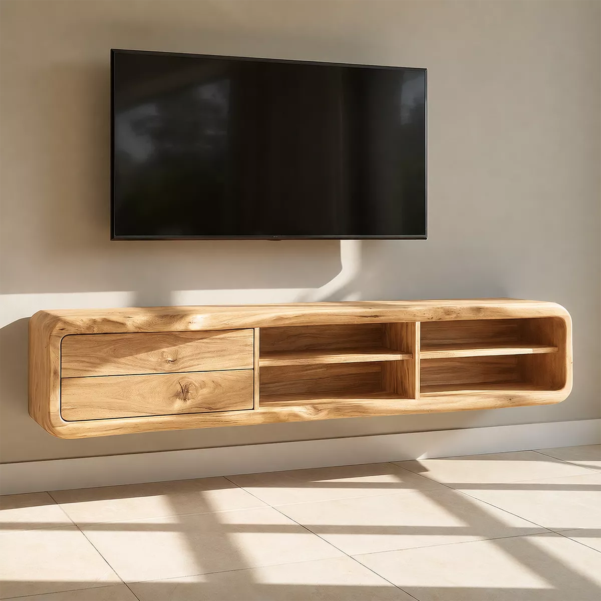 Natural Solid Wood TV Stand with Curved Form Open Storage Minimalist - Livewoodcraft - 9