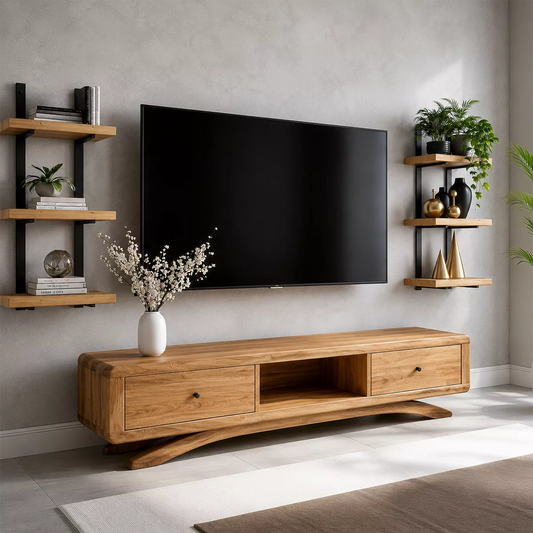 Natural Solid Wood TV Stand with Curved Legs and Drawers Scandinavian - Echotimber