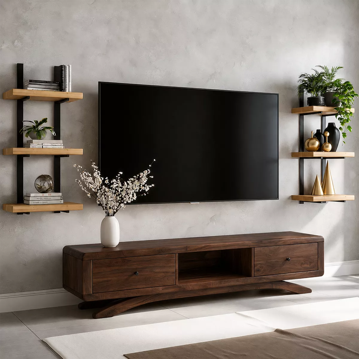 Natural Solid Wood TV Stand with Curved Legs and Drawers Scandinavian - Livewoodcraft - 10