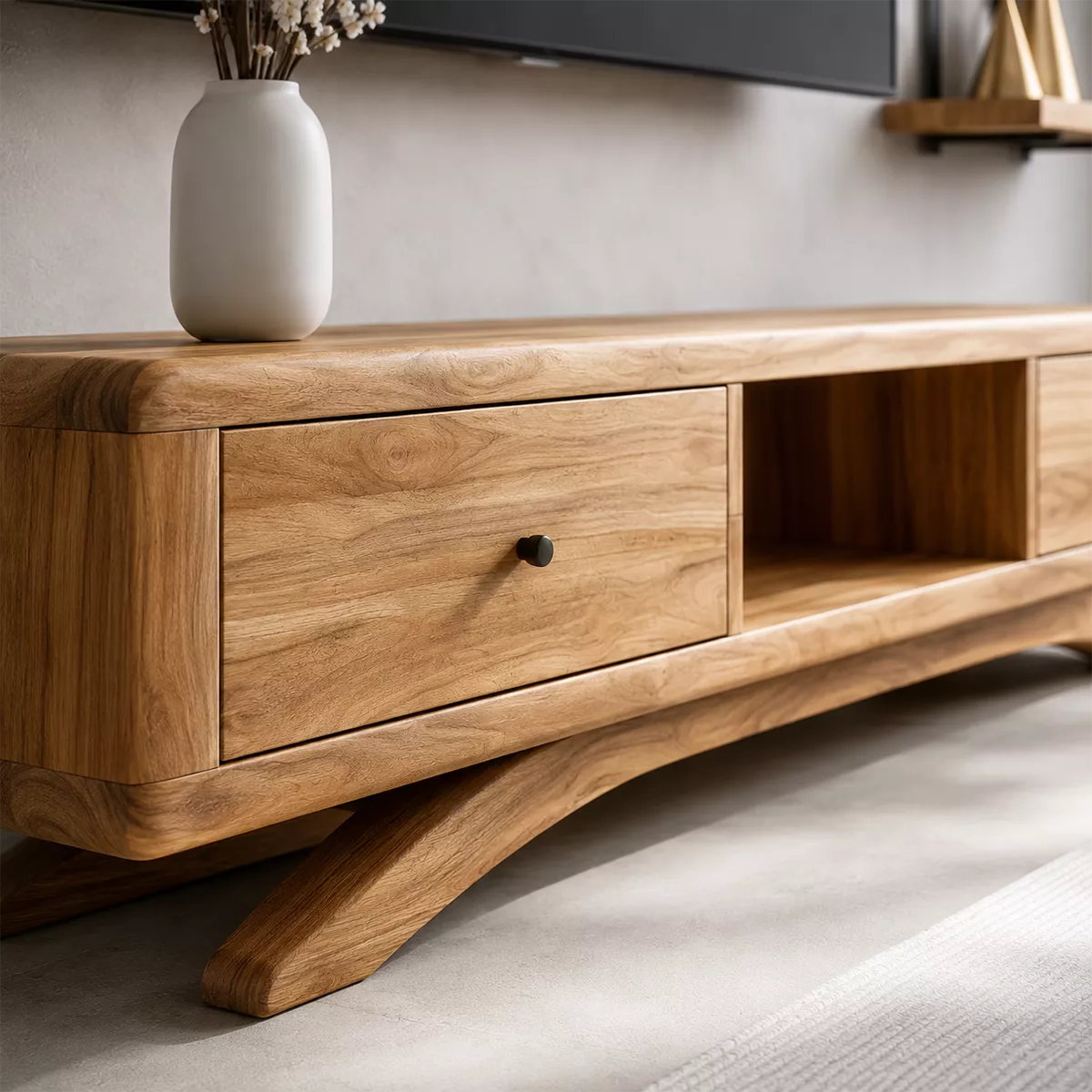 Natural Solid Wood TV Stand with Curved Legs and Drawers Scandinavian - Livewoodcraft - 2
