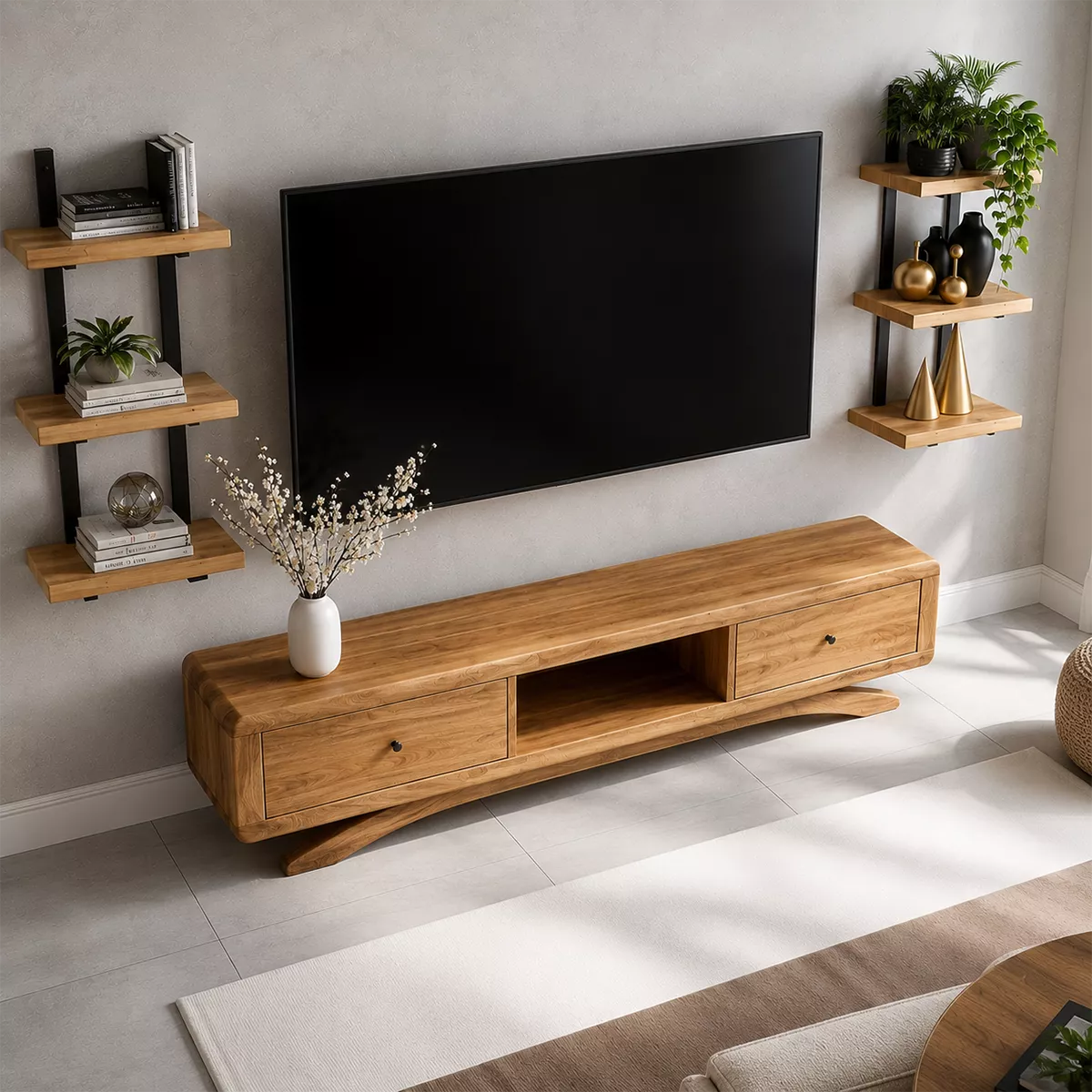Natural Solid Wood TV Stand with Curved Legs and Drawers Scandinavian - Livewoodcraft - 3