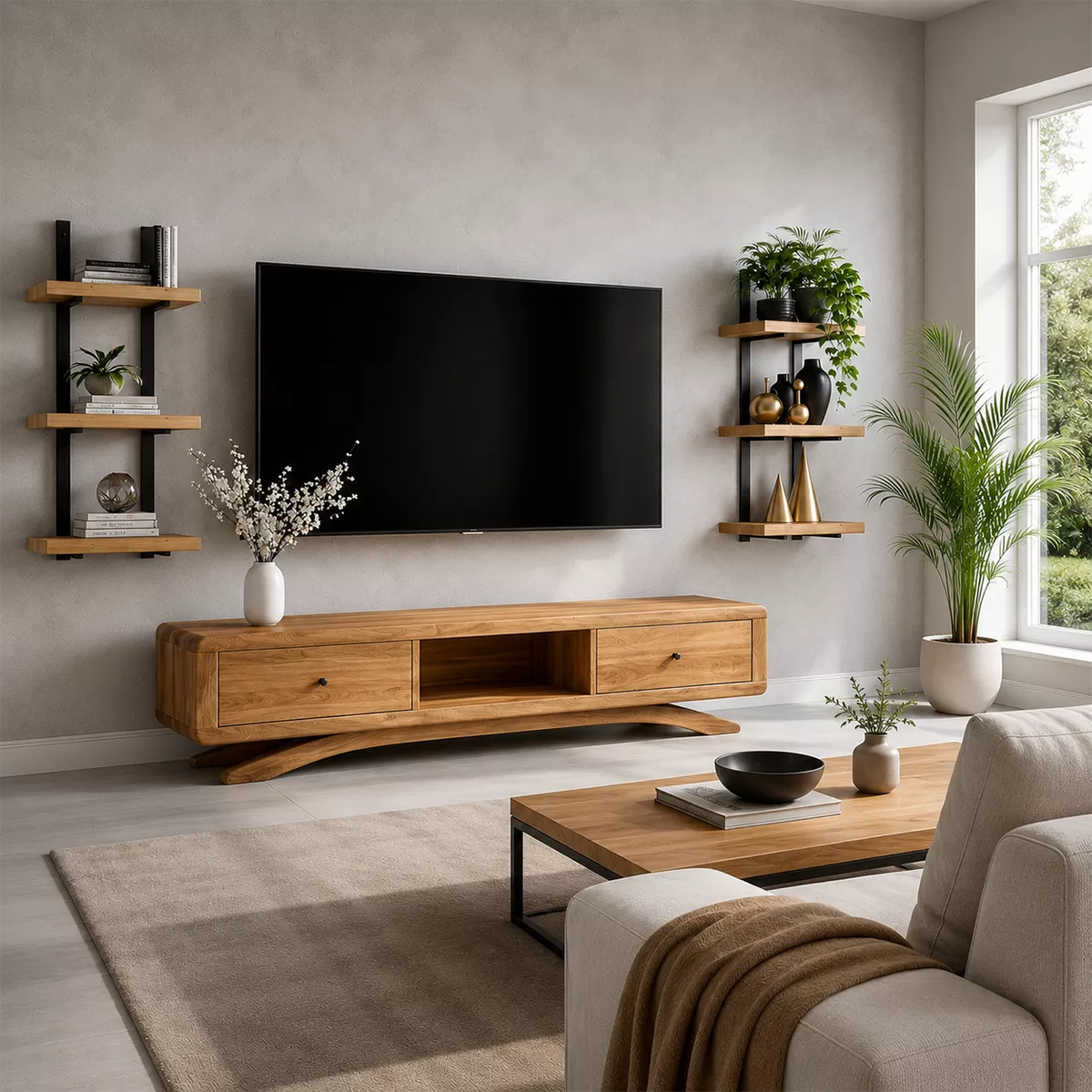 Natural Solid Wood TV Stand with Curved Legs and Drawers Scandinavian - Livewoodcraft - 5