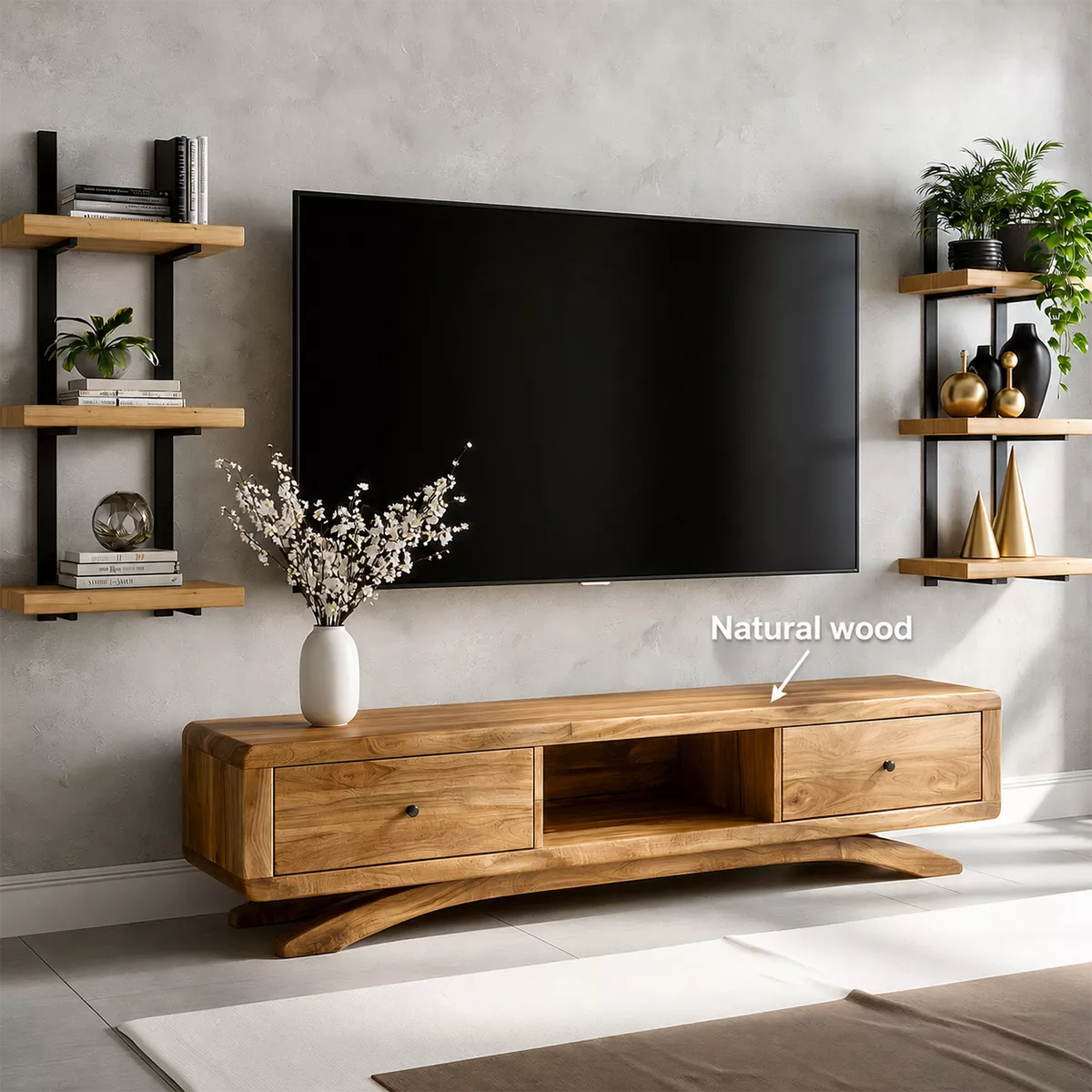 Natural Solid Wood TV Stand with Curved Legs and Drawers Scandinavian - Livewoodcraft - 7