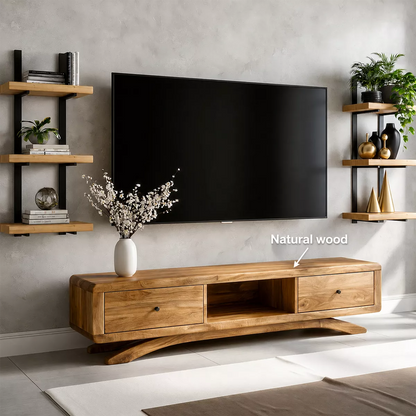 Natural Solid Wood TV Stand with Curved Legs and Drawers Scandinavian - Livewoodcraft - 7