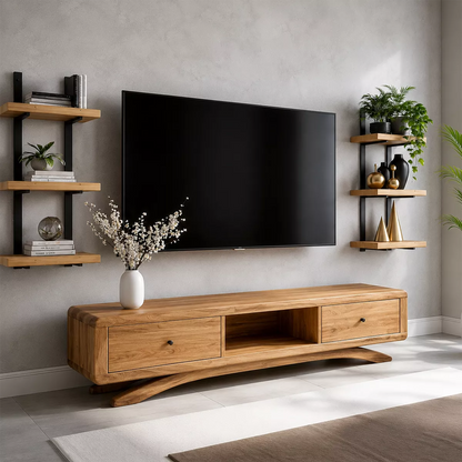 Natural Solid Wood TV Stand with Curved Legs and Drawers Scandinavian - Livewoodcraft