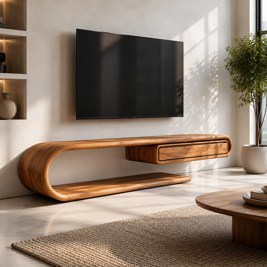 Natural Solid Wood TV Stand with Floating Drawer and Sculptural Loop Frame - Echotimber