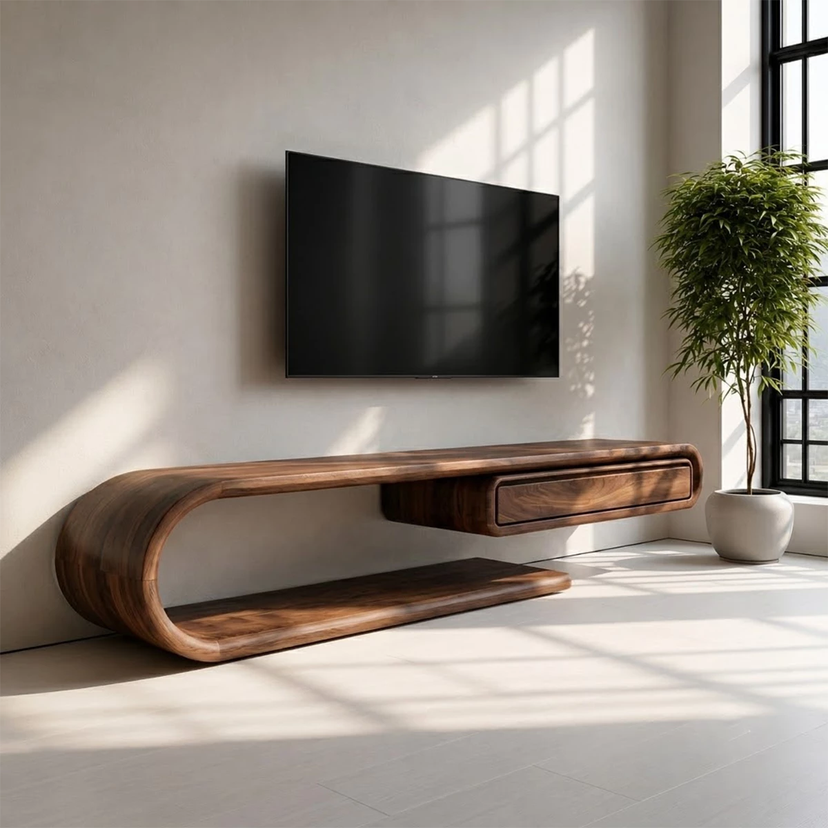 Natural Solid Wood TV Stand with Floating Drawer and Sculptural Loop Frame - Livewoodcraft - 4