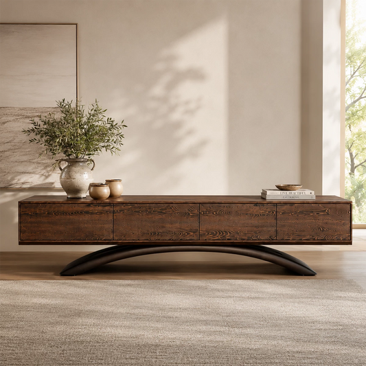 Natural Solid Wood TV Stand with Four Cabinets and Sculptural Crossed Base - Echotimber