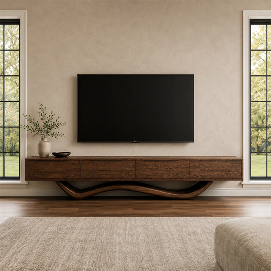 Natural Solid Wood TV Stand with Four Cabinets and Sculptural Wave Base - Echotimber