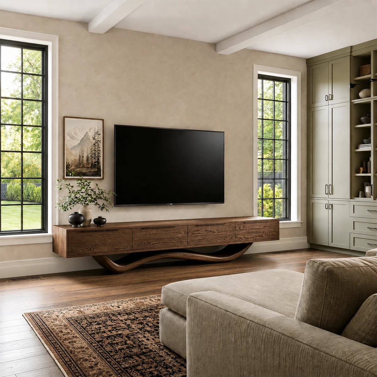 Natural Solid Wood TV Stand with Four Cabinets and Sculptural Wave Base - Livewoodcraft - 5