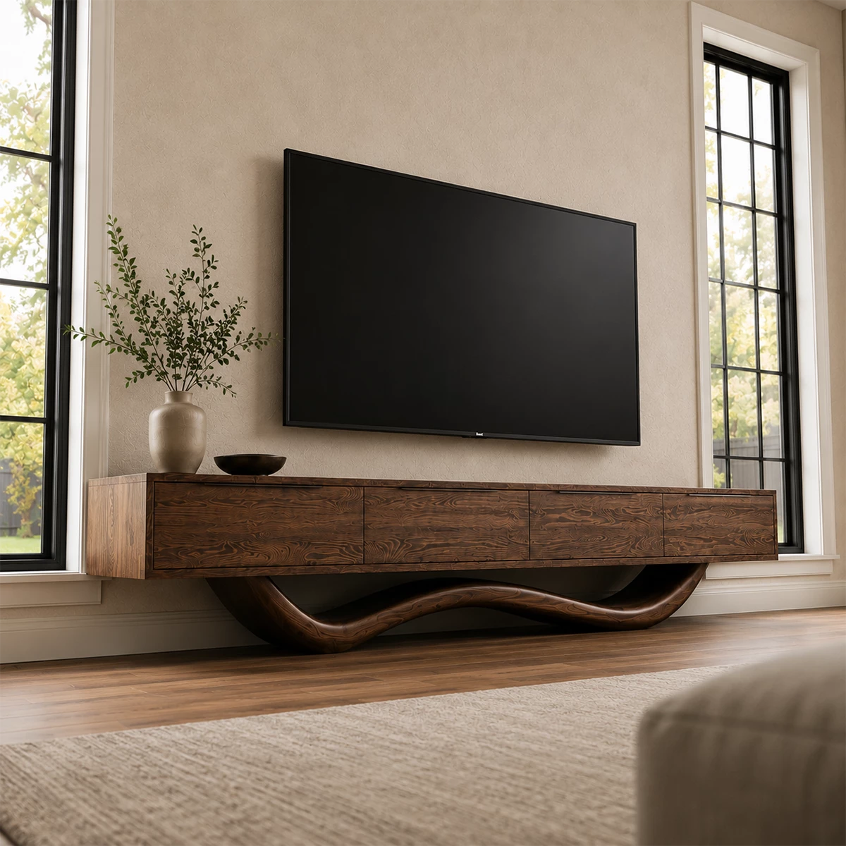 Natural Solid Wood TV Stand with Four Cabinets and Sculptural Wave Base - Livewoodcraft - 8