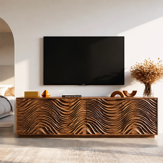 Natural Solid Wood TV Stand with Four Carved Doors and Wave Front Design - Echotimber
