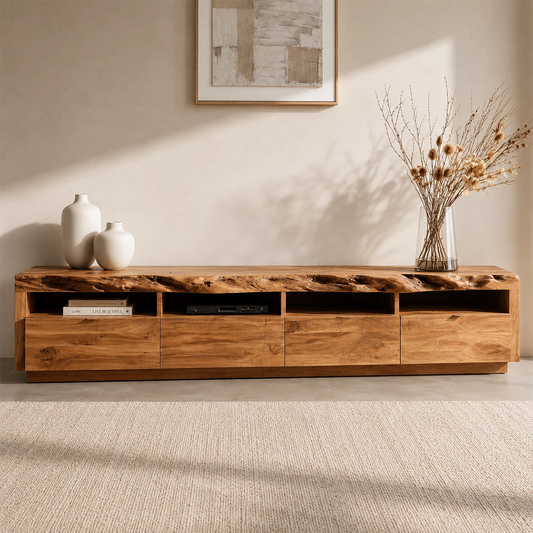 Natural Solid Wood TV Stand with Four Drawers and Open Media Shelves - Echotimber