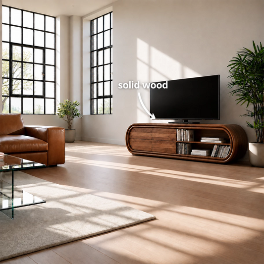 Natural Solid Wood TV Stand with Four Drawers and Rounded Open Shelves - Echotimber