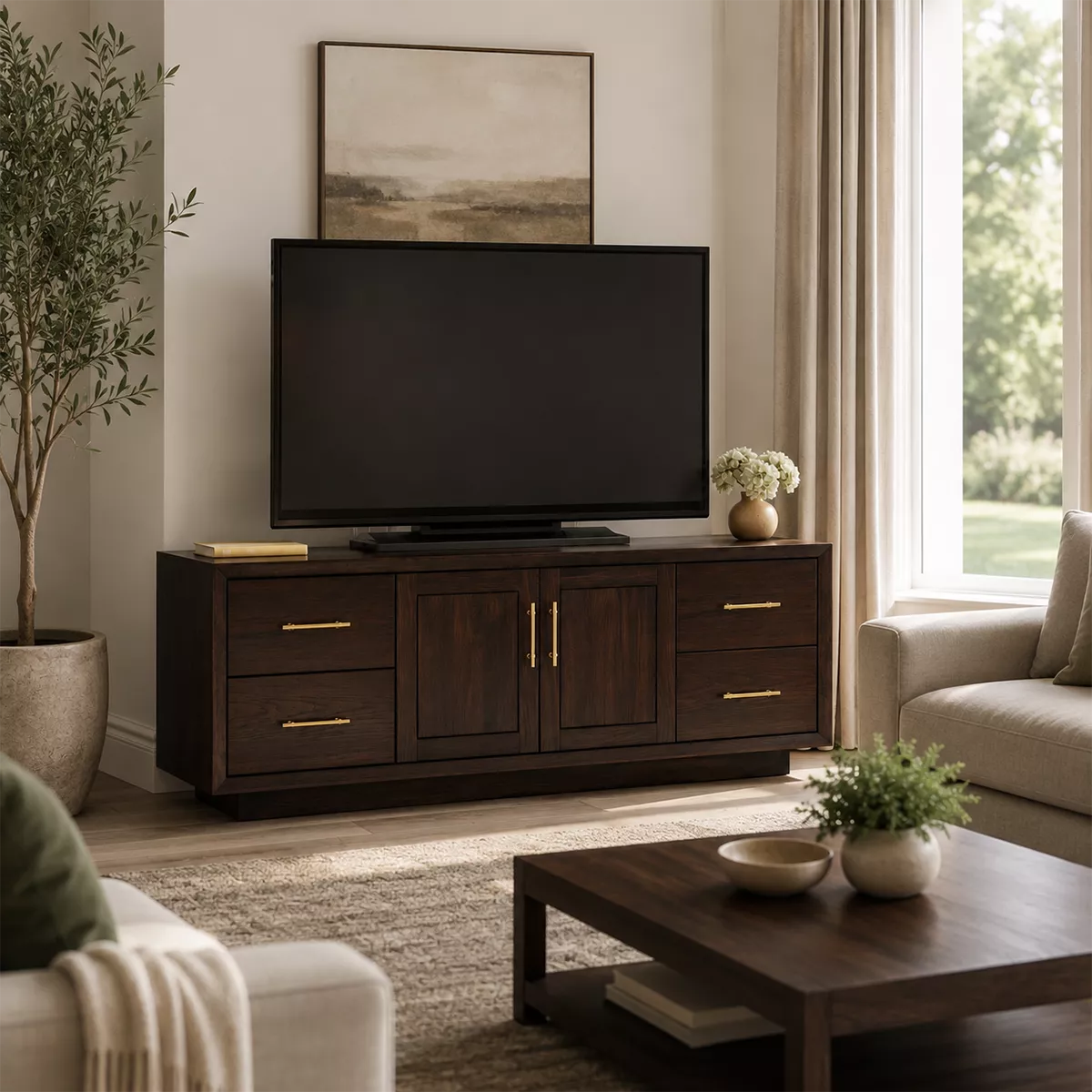 Natural Solid Wood TV Stand with Four Drawers Cabinet Doors Modern - Livewoodcraft - 4