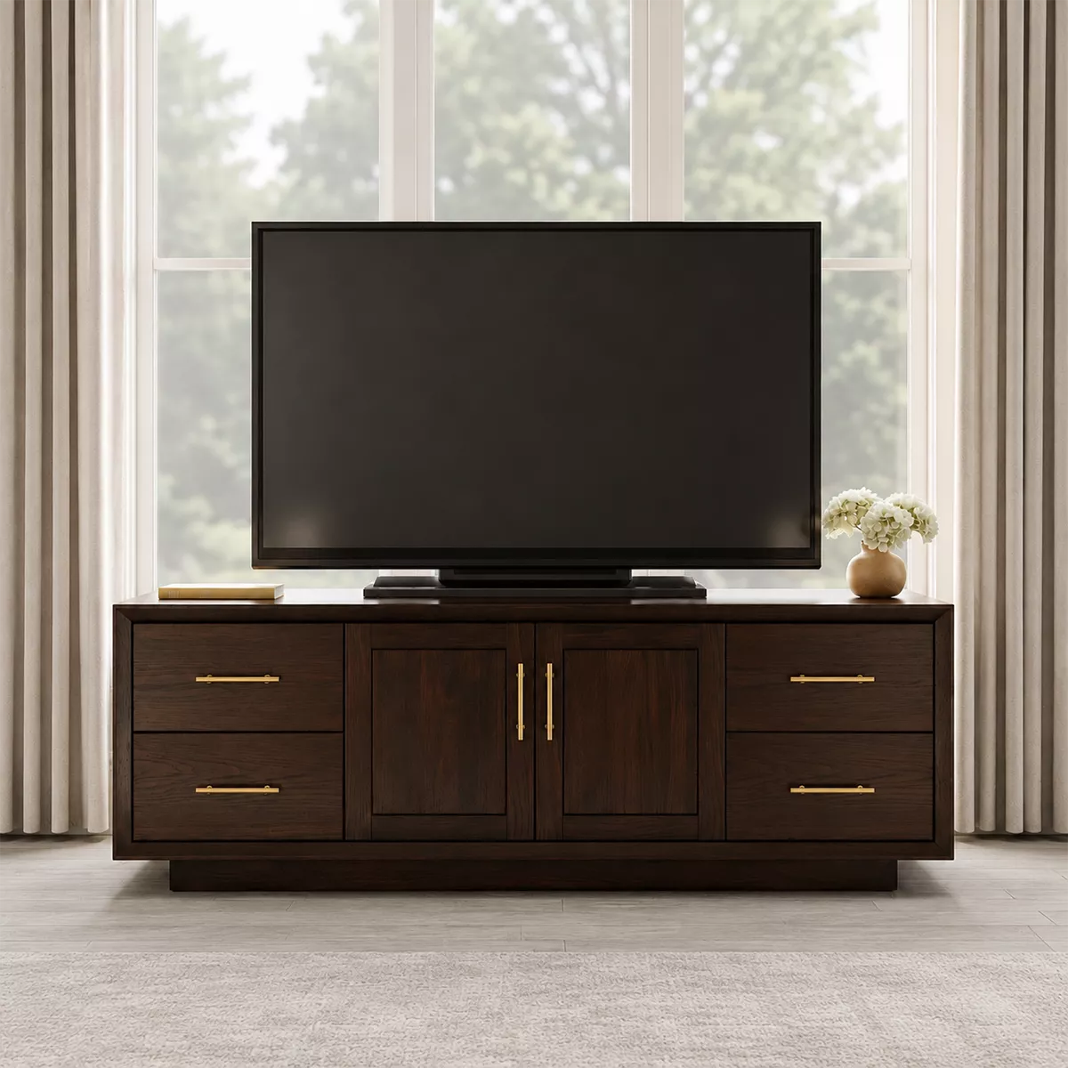 Natural Solid Wood TV Stand with Four Drawers Cabinet Doors Modern - Livewoodcraft - 5
