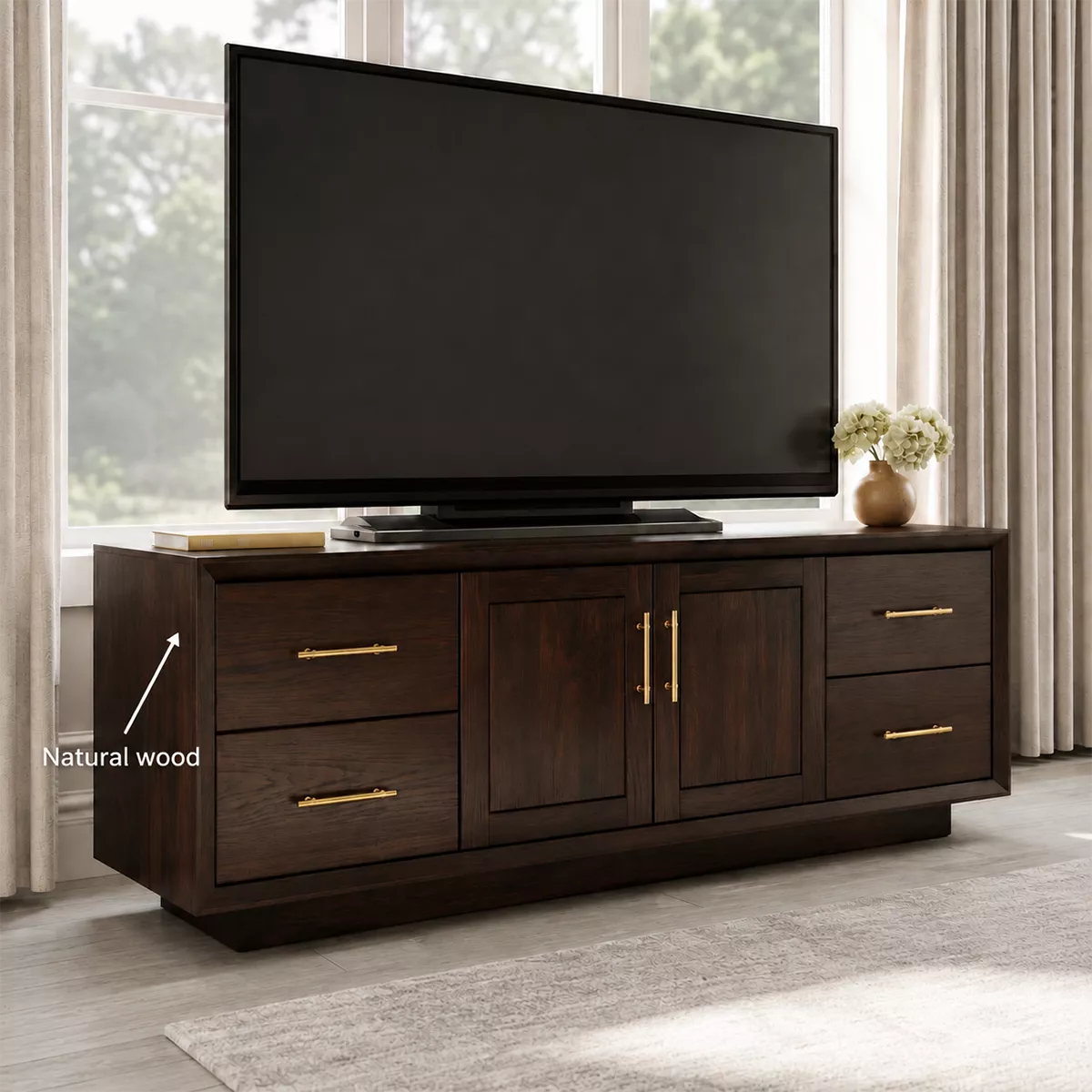 Natural Solid Wood TV Stand with Four Drawers Cabinet Doors Modern - Livewoodcraft - 6